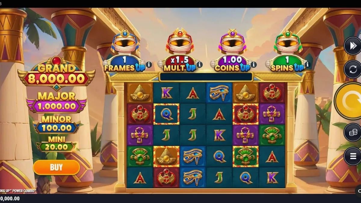 Mummy Mania Perks Up Power Combo slot game screen featuring four mummy characters and golden reels.