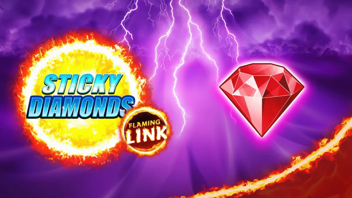 Tampilan layar permainan slot Sticky Diamonds Flaming Link dengan simbol buah dan berlian